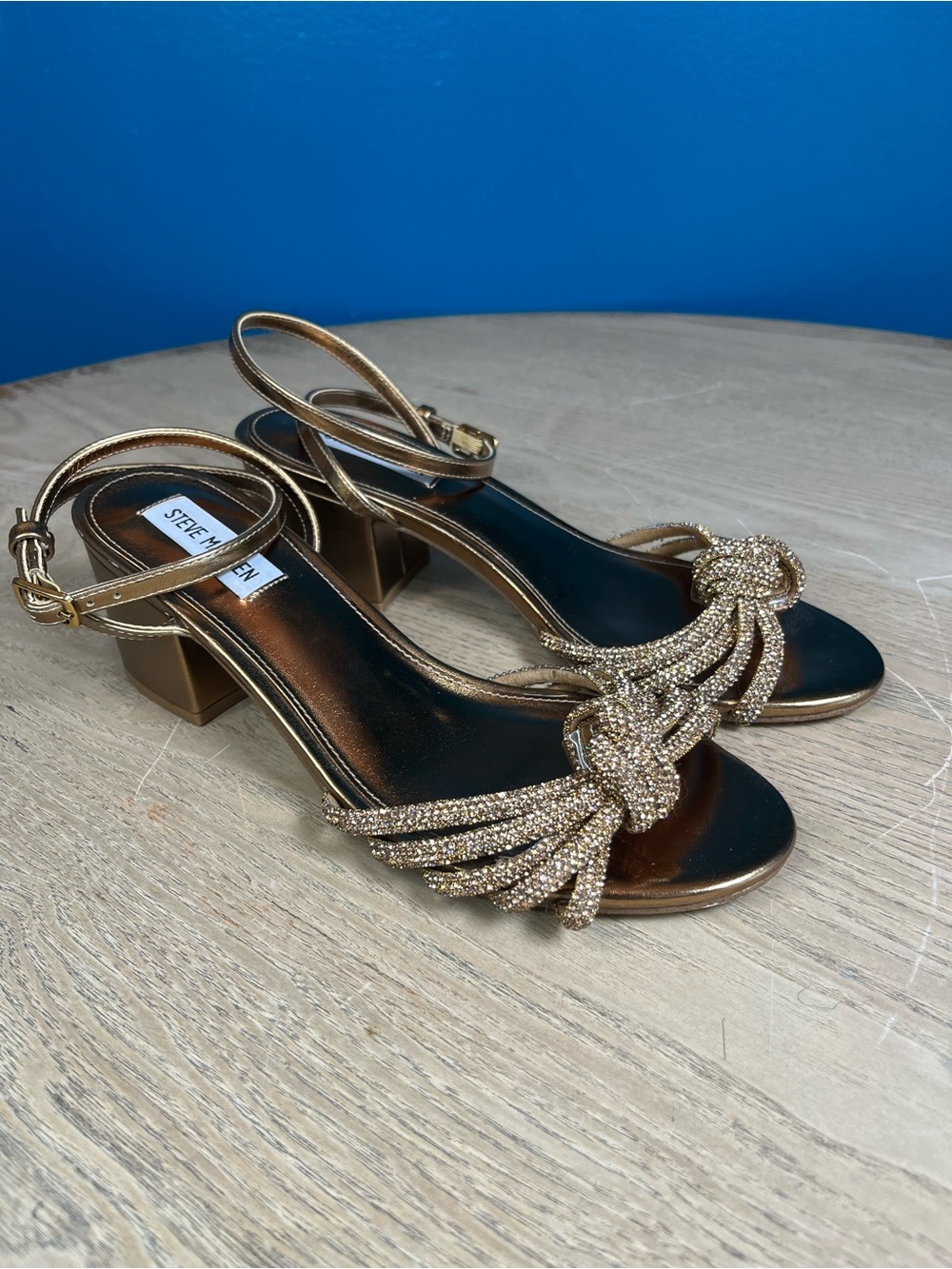 Steve Madden Ilyse Strappy Bow Block Heeled Sandal Metallic Bronze Womens Size 8
